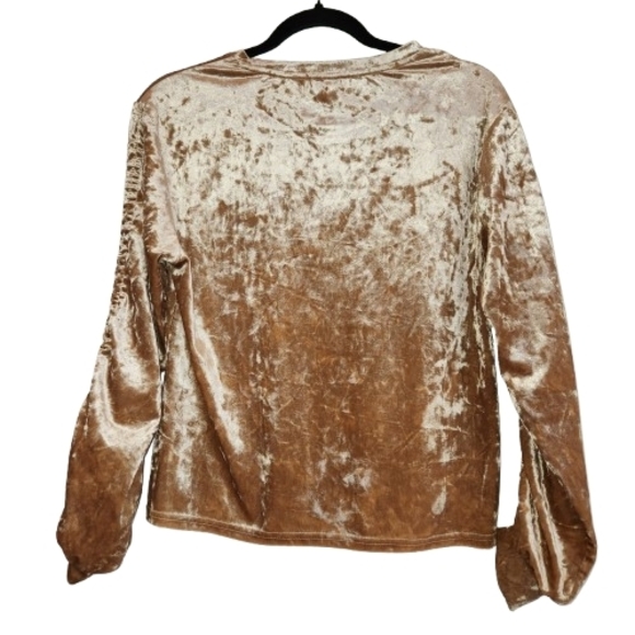 MELLODAY Crushed Velvet Long Sleeve Top Tan Size S Pretty Sleeve Detail Soft - Picture 3 of 9